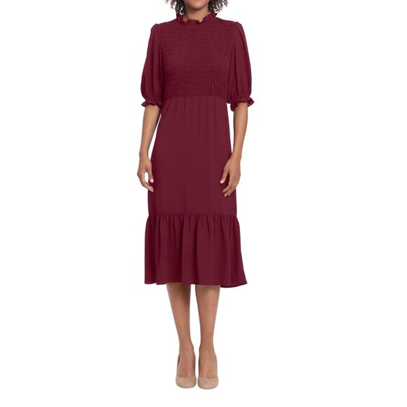 London Times Women's Smocked Bodice Tiered Midi Dress Red Size 12 - Picture 12 of 13